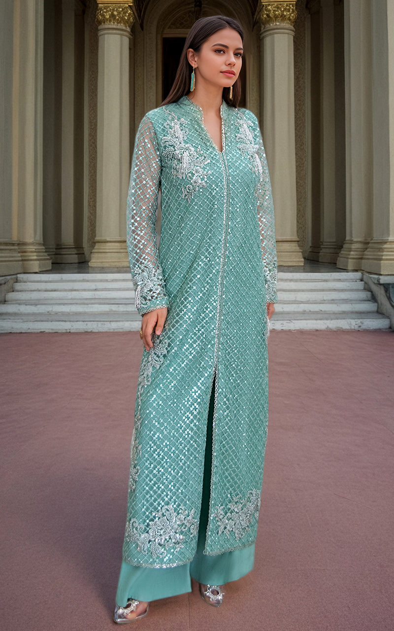Threads and Motifs | Formal Dresses 25 | Net Embroidered Jacket With Trouser - Official Threads and Motifs stockist in UK - Sakeena London