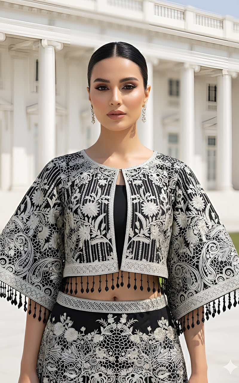 Threads and Motifs | Formal Dresses 25 | Organza Embroidered Cape With Skirt - Official Threads and Motifs stockist in UK - Sakeena London