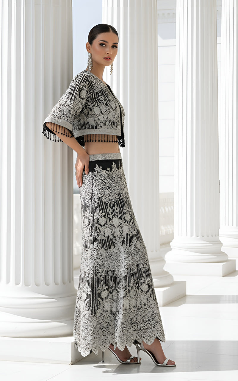 Threads and Motifs | Formal Dresses 25 | Organza Embroidered Cape With Skirt - Official Threads and Motifs stockist in UK - Sakeena London