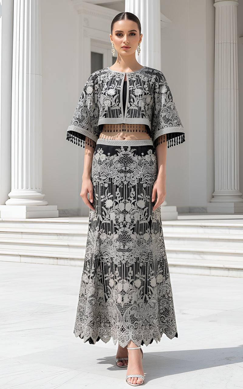 Threads and Motifs | Formal Dresses 25 | Organza Embroidered Cape With Skirt - Official Threads and Motifs stockist in UK - Sakeena London