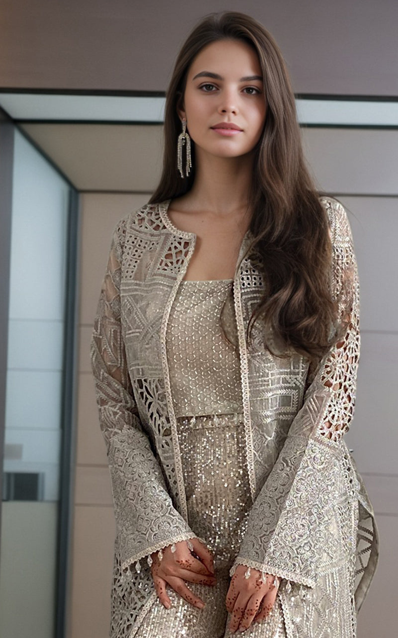 Threads and Motifs | Formal Dresses 25 | Organza Embroidered Jacket With Blouse - Official Threads and Motifs stockist in UK - Sakeena London