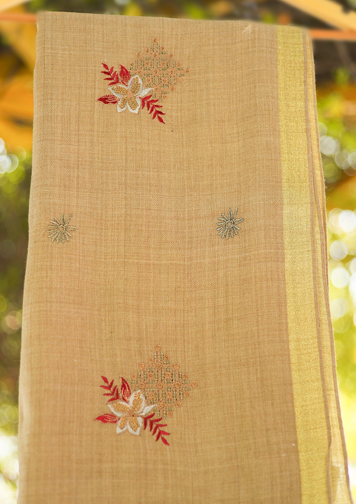 Wool Embroidered Shawl D - 22 - Brown