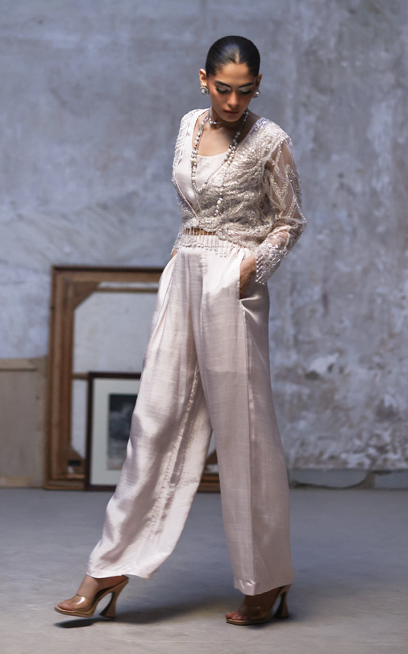 Threads and Motifs | Formal Dresses 25 | Net Embroidered Jacket With Trouser - Official Threads and Motifs stockist in UK - Sakeena London
