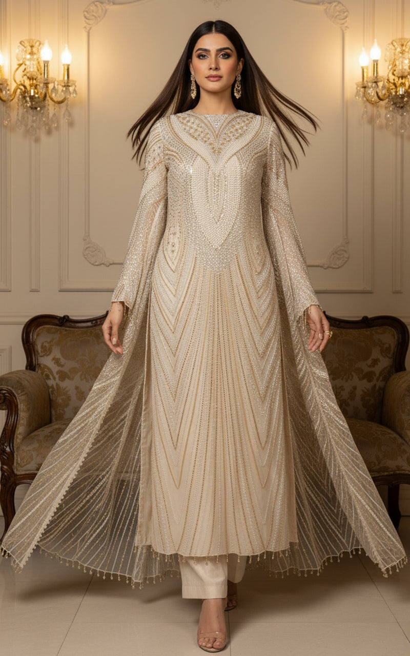 Threads and Motifs | Formal Dresses 25 | Net Embroidered Jacket With Trouser - Official Threads and Motifs stockist in UK - Sakeena London