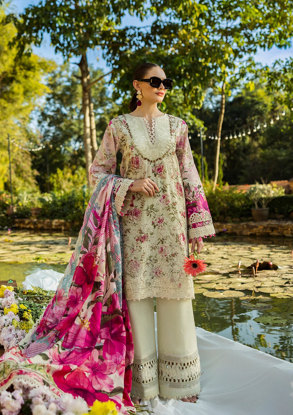 Elaf Premium | Print Chikankari 25 | ELK-06B ROSES & WHITES - Official Elaf Premium stockist in UK - Sakeena London