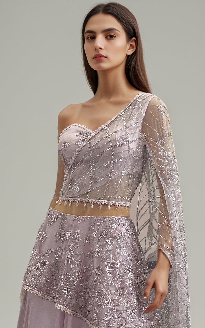 Threads and Motifs | Formal Dresses 25 | Net Embroidered Dress With Skirt - Official Threads and Motifs stockist in UK - Sakeena London