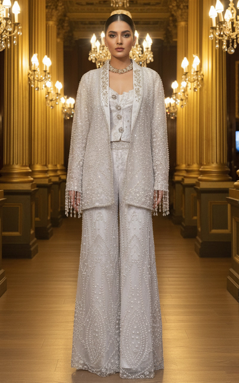 Threads and Motifs | Formal Dresses 25 | Embroidered Jacket With Blouse And Trouser - Official Threads and Motifs stockist in UK - Sakeena London