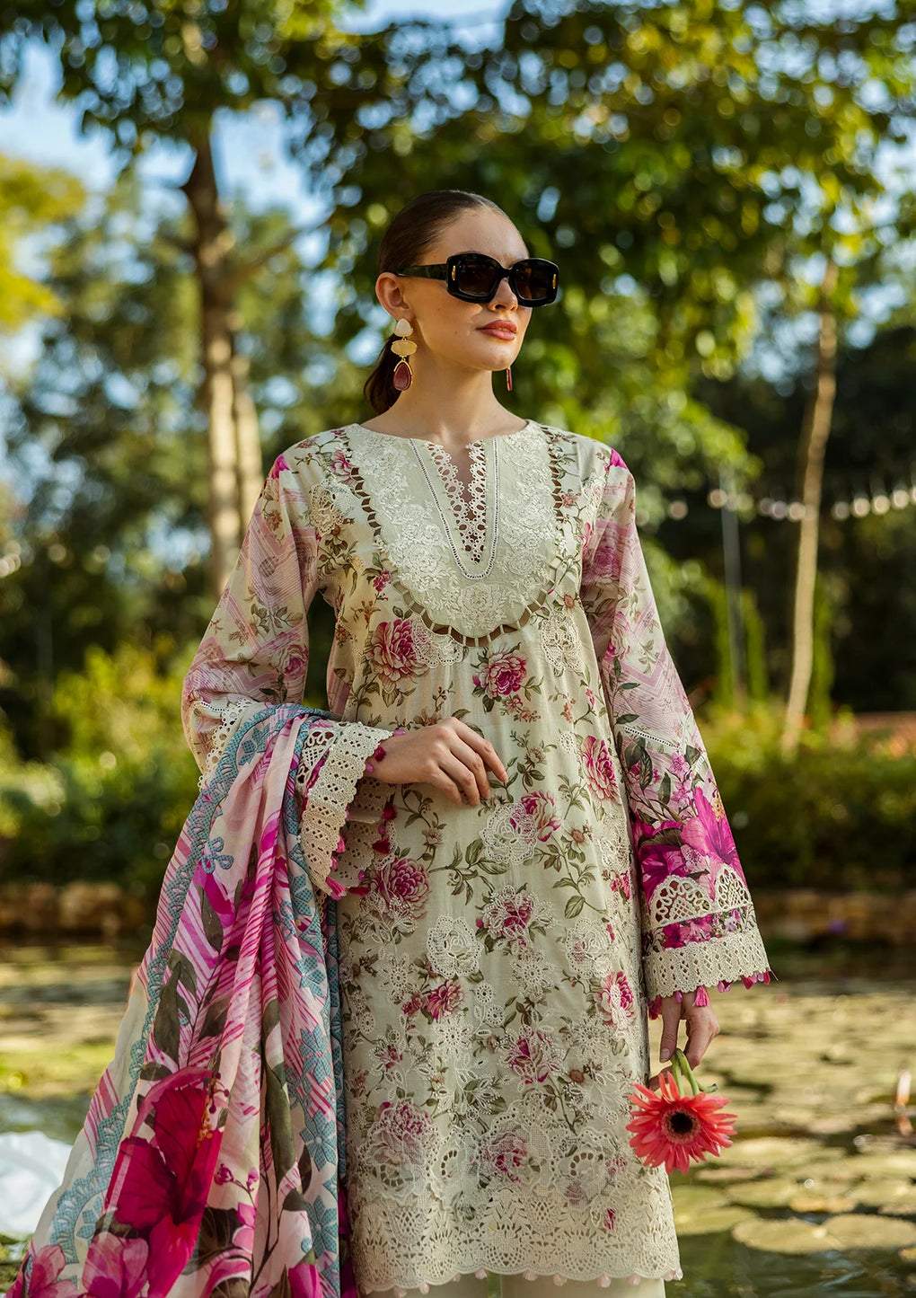 Elaf Premium | Print Chikankari 25 | ELK-06B ROSES & WHITES - Official Elaf Premium stockist in UK - Sakeena London