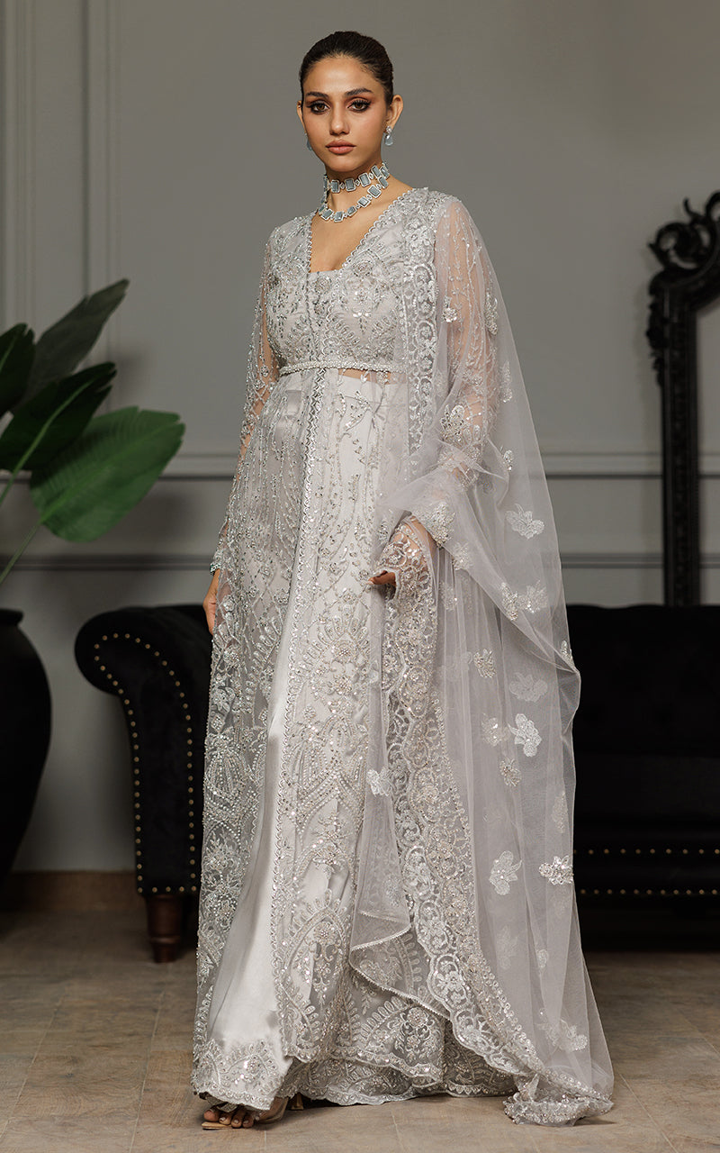 Threads and Motifs | Formal Dresses 25 | Net Embroidered Dress With Skirt And Dupatta - Official Threads and Motifs stockist in UK - Sakeena London