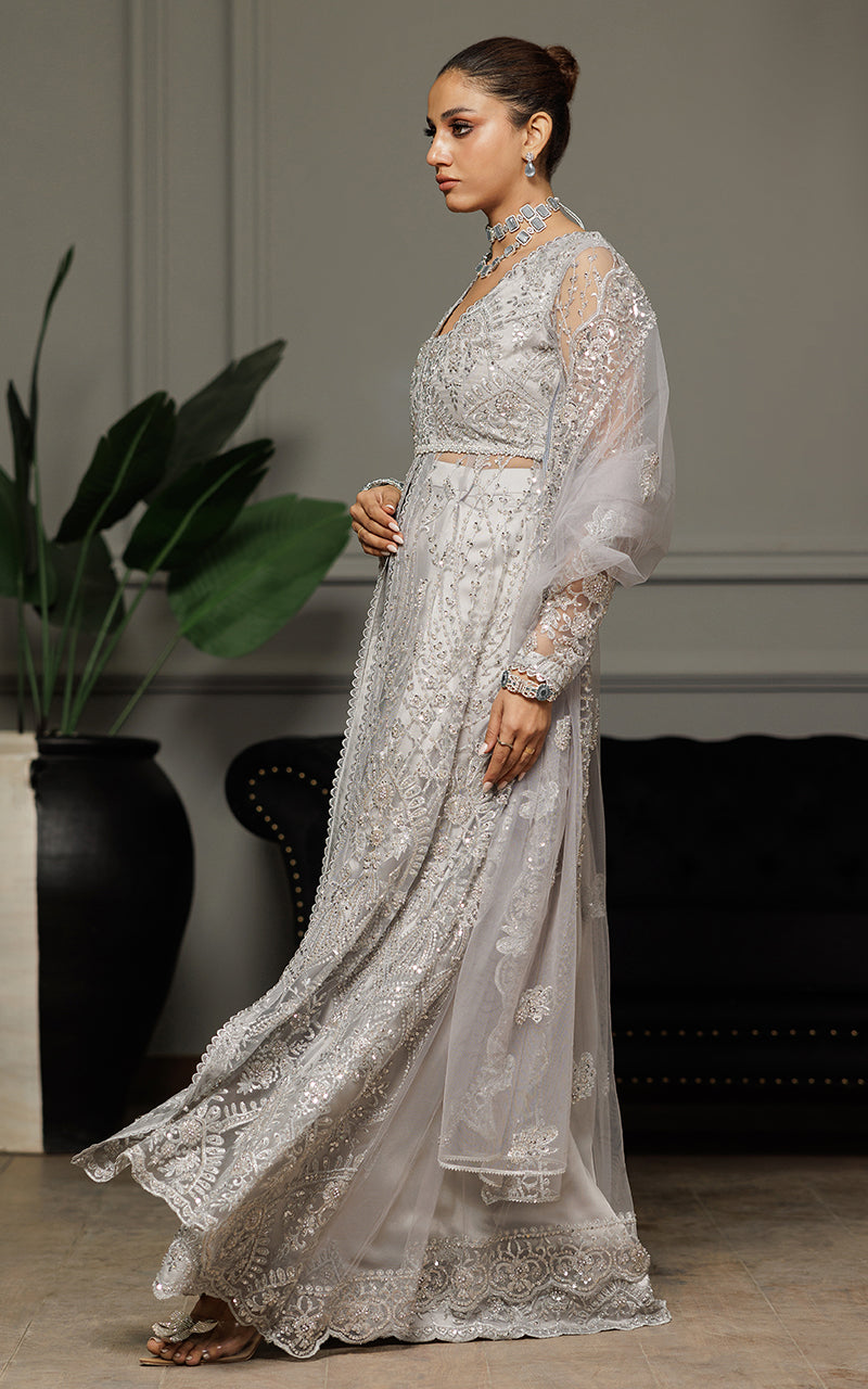Threads and Motifs | Formal Dresses 25 | Net Embroidered Dress With Skirt And Dupatta - Official Threads and Motifs stockist in UK - Sakeena London