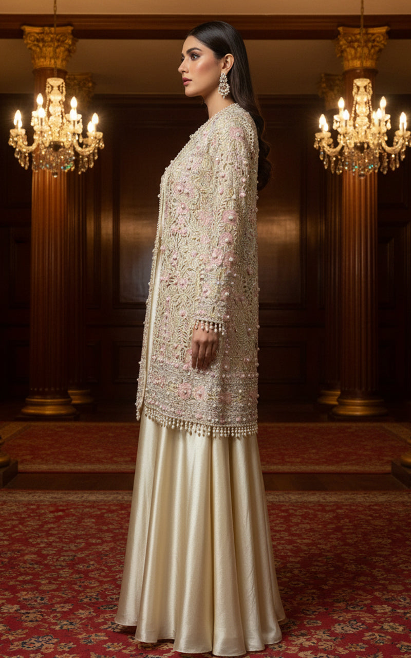 Threads and Motifs | Formal Dresses 25 | Organza Embroidered Jacket With Blouse And Skirt - Official Threads and Motifs stockist in UK - Sakeena London