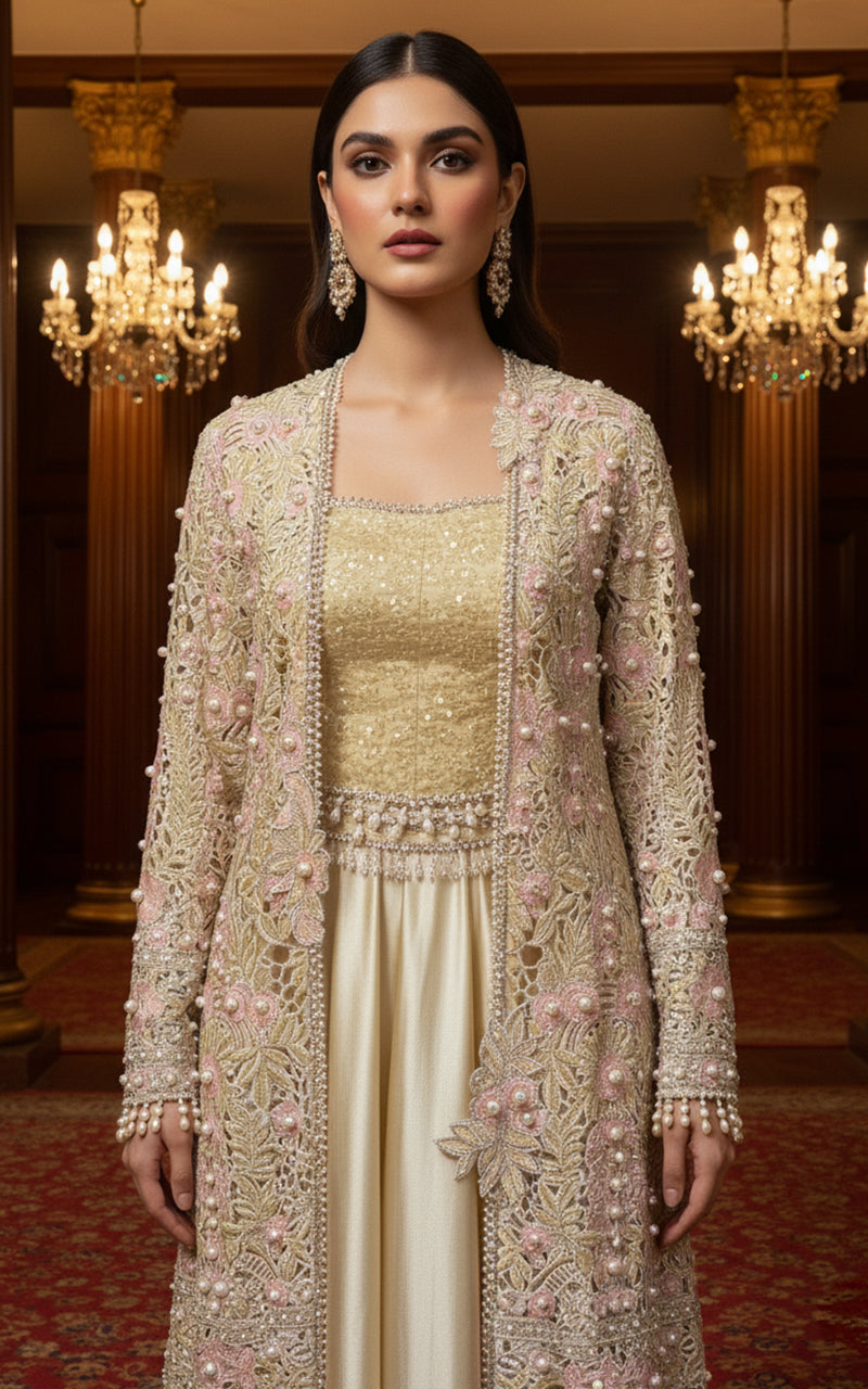 Threads and Motifs | Formal Dresses 25 | Organza Embroidered Jacket With Blouse And Skirt - Official Threads and Motifs stockist in UK - Sakeena London
