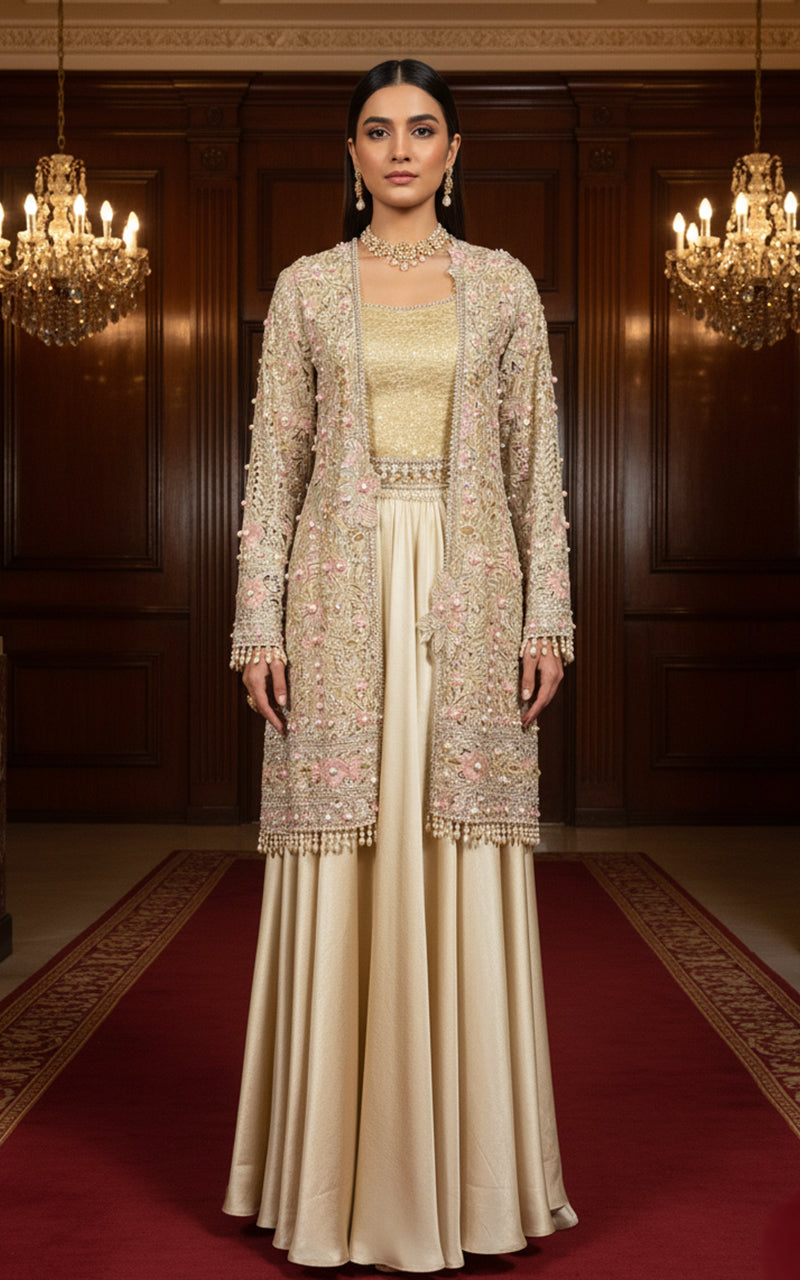 Threads and Motifs | Formal Dresses 25 | Organza Embroidered Jacket With Blouse And Skirt - Official Threads and Motifs stockist in UK - Sakeena London