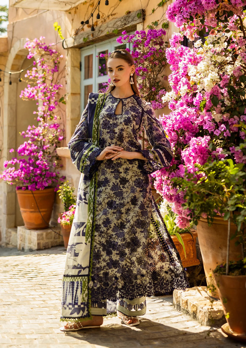 Elaf Premium | Print Chikankari 25 | ELK-01A BLUE BLOSSOM - Official Elaf Premium stockist in UK - Sakeena London