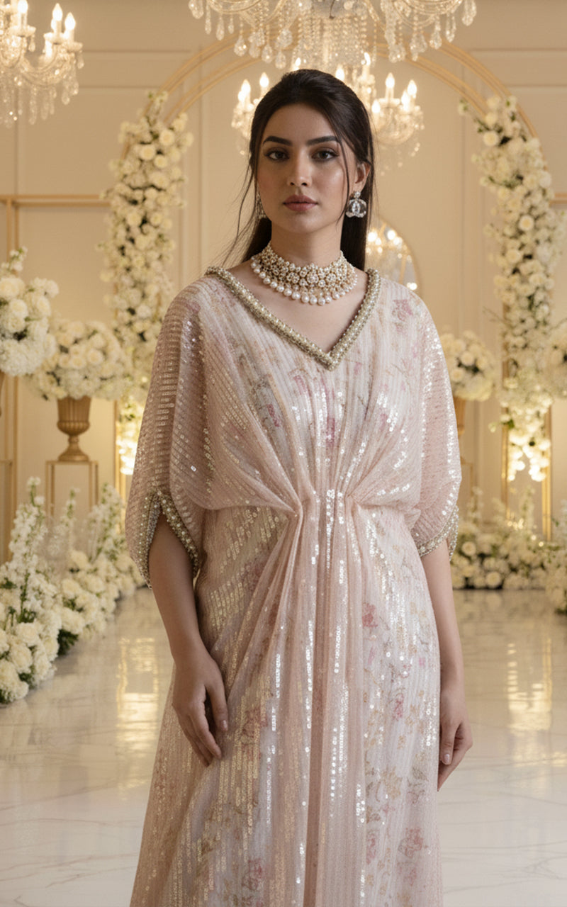 Threads and Motifs | Formal Dresses 25 | Sequins Kaftan With Printed Inner - Official Threads and Motifs stockist in UK - Sakeena London