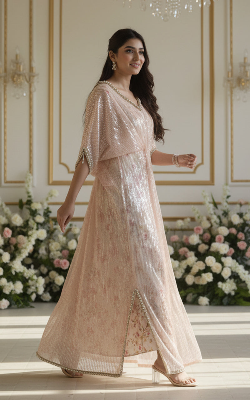 Threads and Motifs | Formal Dresses 25 | Sequins Kaftan With Printed Inner - Official Threads and Motifs stockist in UK - Sakeena London
