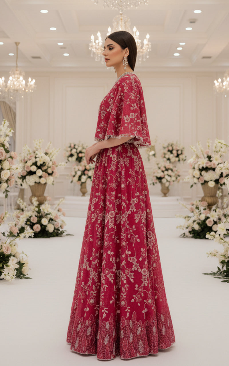 Threads and Motifs | Formal Dresses 25 | Net Embroidered Blouse With Cape And Lehenga - Official Threads and Motifs stockist in UK - Sakeena London