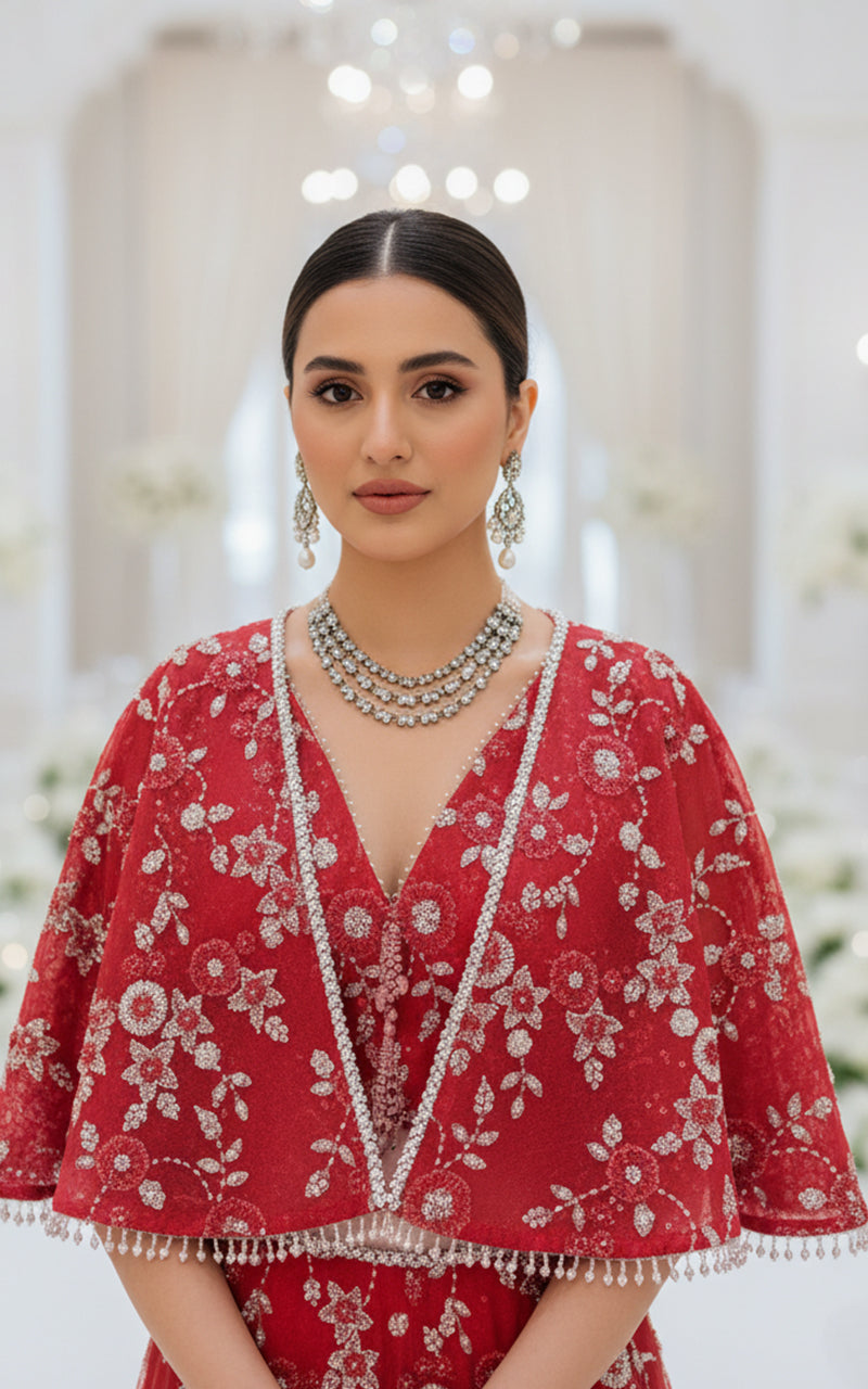 Threads and Motifs | Formal Dresses 25 | Net Embroidered Blouse With Cape And Lehenga - Official Threads and Motifs stockist in UK - Sakeena London