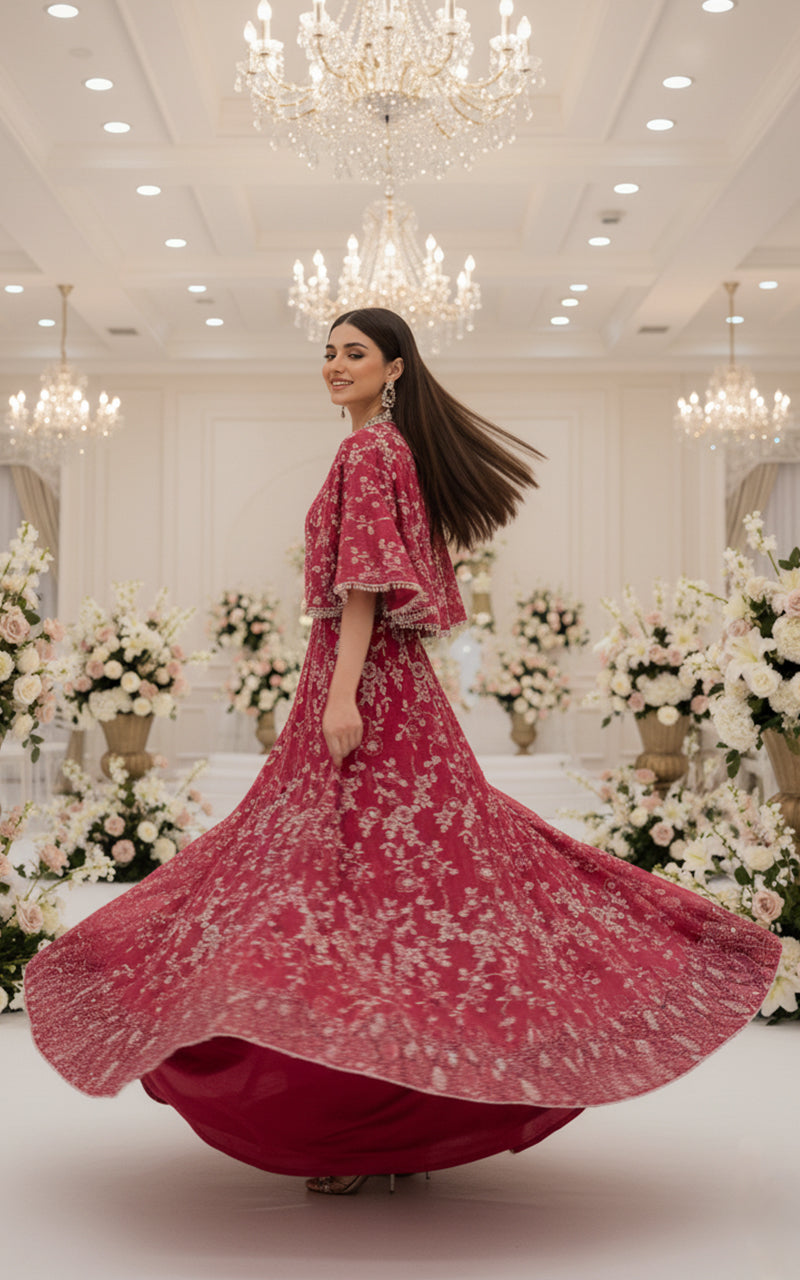 Threads and Motifs | Formal Dresses 25 | Net Embroidered Blouse With Cape And Lehenga - Official Threads and Motifs stockist in UK - Sakeena London