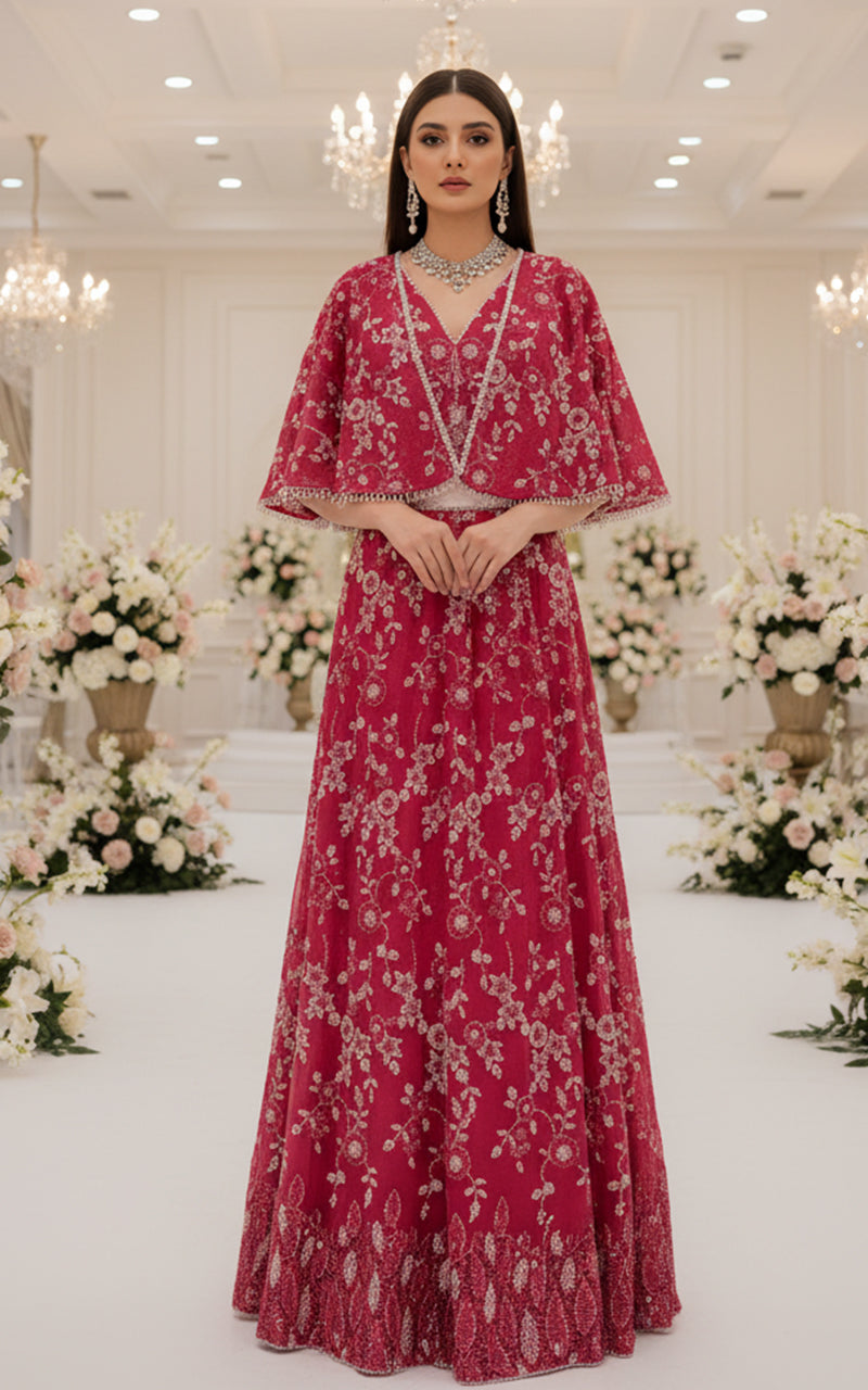 Threads and Motifs | Formal Dresses 25 | Net Embroidered Blouse With Cape And Lehenga - Official Threads and Motifs stockist in UK - Sakeena London