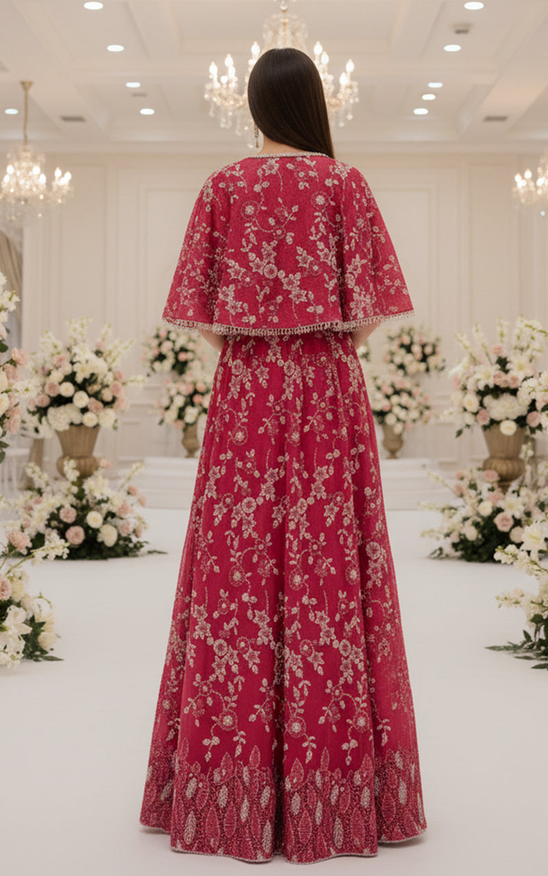 Threads and Motifs | Formal Dresses 25 | Net Embroidered Blouse With Cape And Lehenga - Official Threads and Motifs stockist in UK - Sakeena London