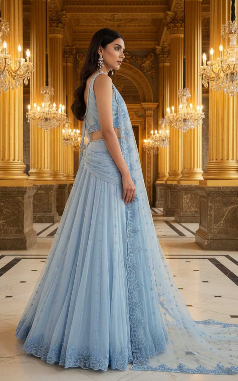 Threads and Motifs | Formal Dresses 25 | Embroidered Blouse With Skirt Saree - Official Threads and Motifs stockist in UK - Sakeena London