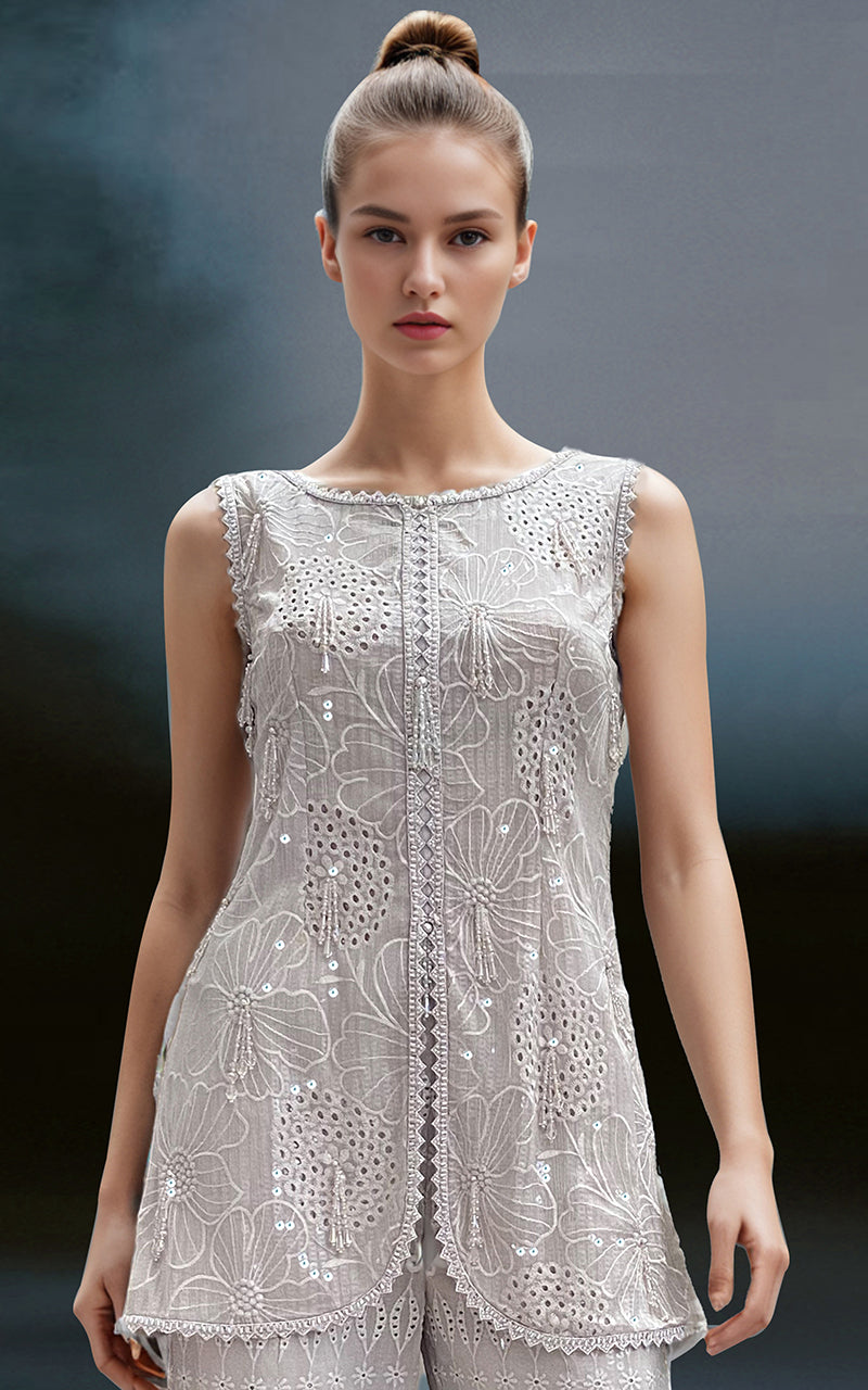 Threads and Motifs | Formal Dresses 25 | Chiffon Chikankari Embroidered Top with Trouser - Official Threads and Motifs stockist in UK - Sakeena London