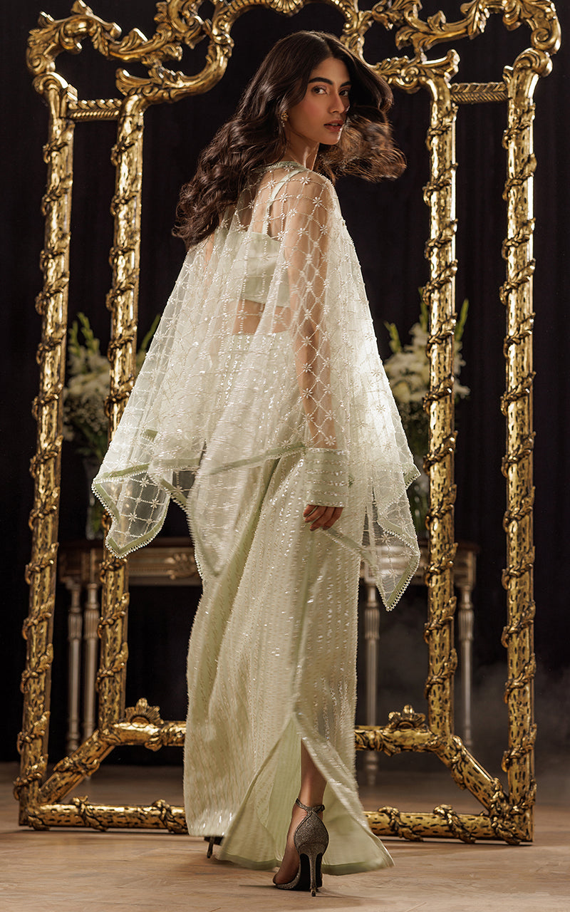Threads and Motifs | Formal Dresses 25 | Net Embroidered Cape With Tube And Skirt - Official Threads and Motifs stockist in UK - Sakeena London