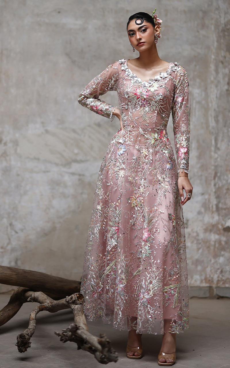 Threads and Motifs | Formal Dresses 25 | Net Embroidered Dress - Official Threads and Motifs stockist in UK - Sakeena London