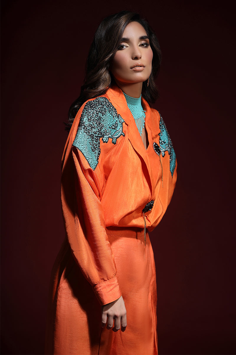 Wardha Saleem | Luxury Pret Fusion Wear | PANTHERA (ORANGE) CORD-SET (2PC) - Official Wardha Saleem stockist in UK - Sakeena London