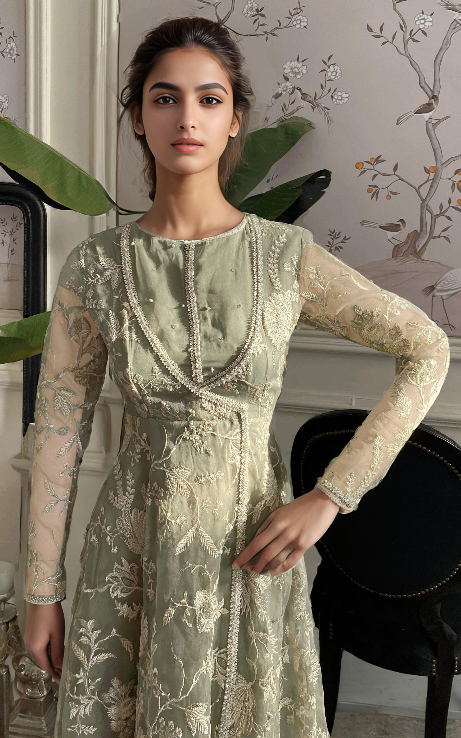 Threads and Motifs | Formal Dresses 25 | Organza Embroidered Angarkha - Official Threads and Motifs stockist in UK - Sakeena London