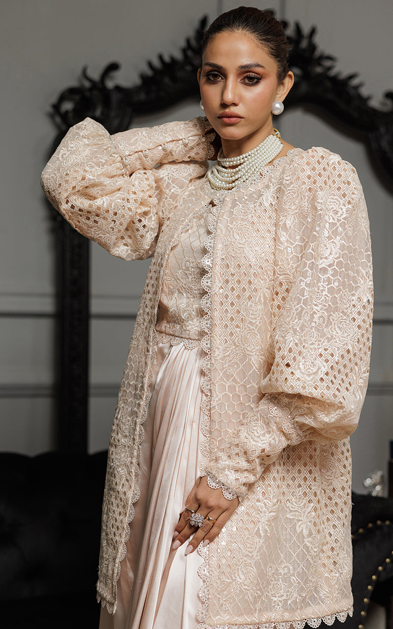 Threads and Motifs | Formal Dresses 25 | Organza Embroidered Jacket With Embroidered Tube And Skirt - Official Threads and Motifs stockist in UK - Sakeena London