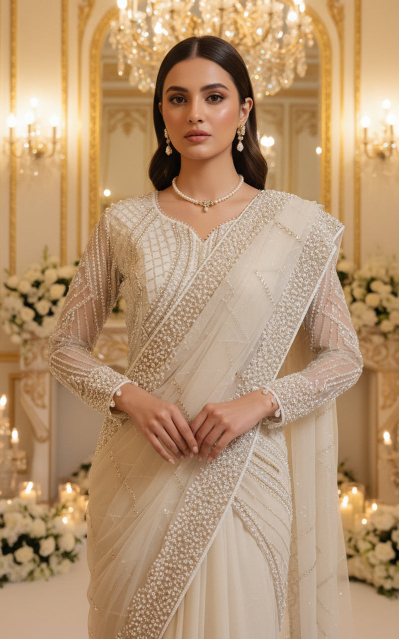 Threads and Motifs | Formal Dresses 25 | Net Embroidered Saree - Official Threads and Motifs stockist in UK - Sakeena London