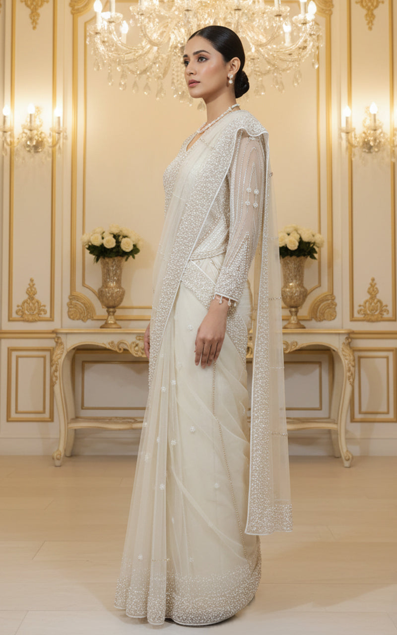 Threads and Motifs | Formal Dresses 25 | Net Embroidered Saree - Official Threads and Motifs stockist in UK - Sakeena London