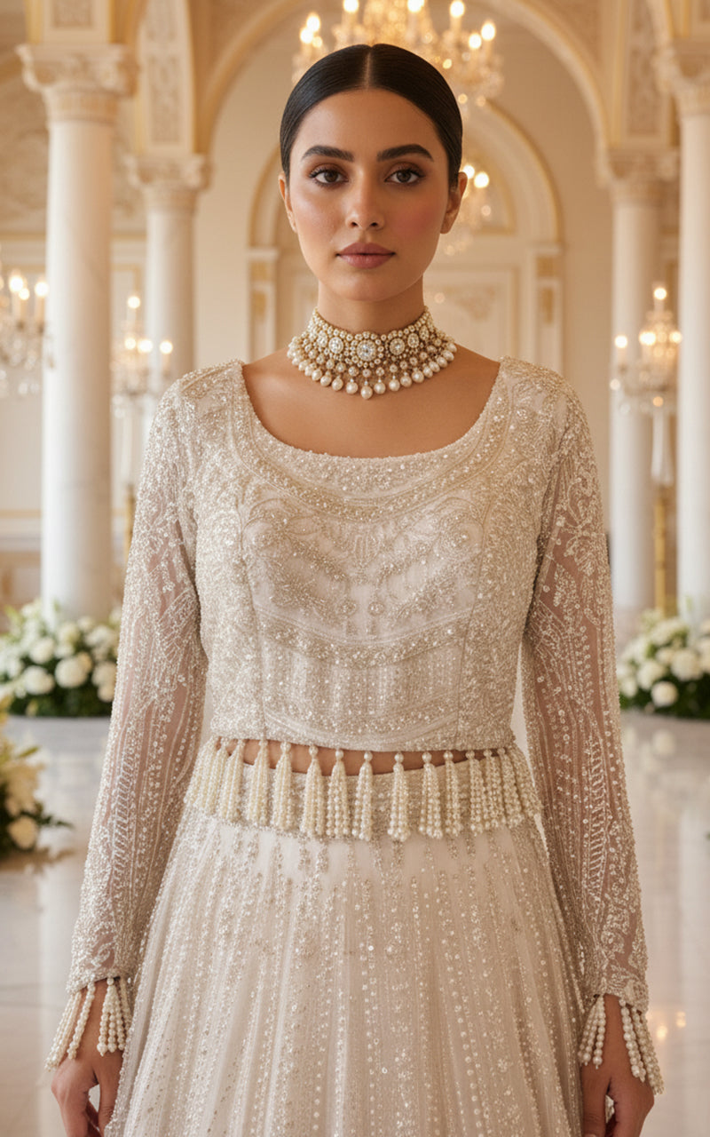 Threads and Motifs | Formal Dresses 25 | Net Embroidered Blouse and Lehenga - Official Threads and Motifs stockist in UK - Sakeena London