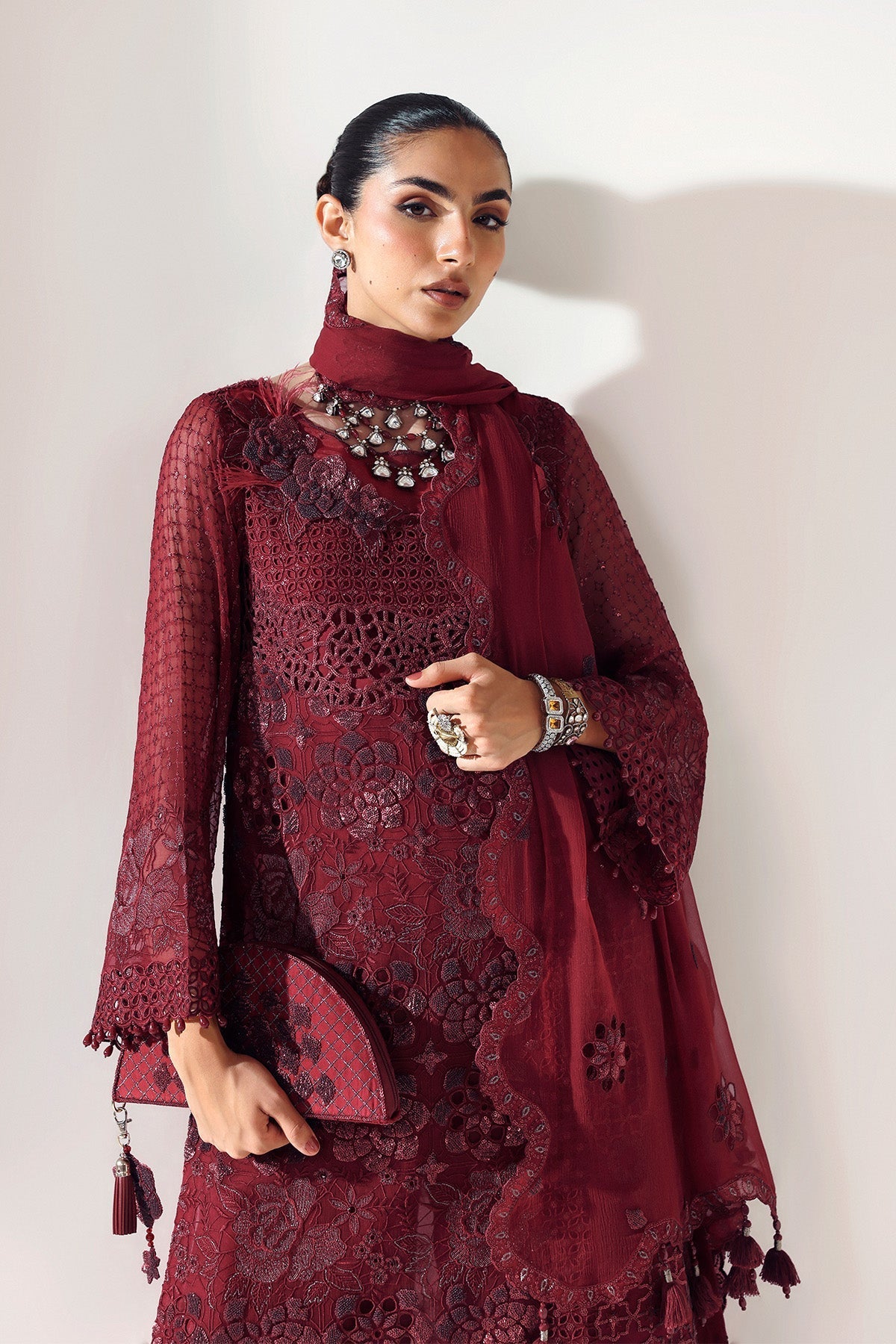 Alizeh | Aymal Luxury Bamber Chiffon | RIKA MAROON - Official Alizeh stockist in UK - Sakeena London