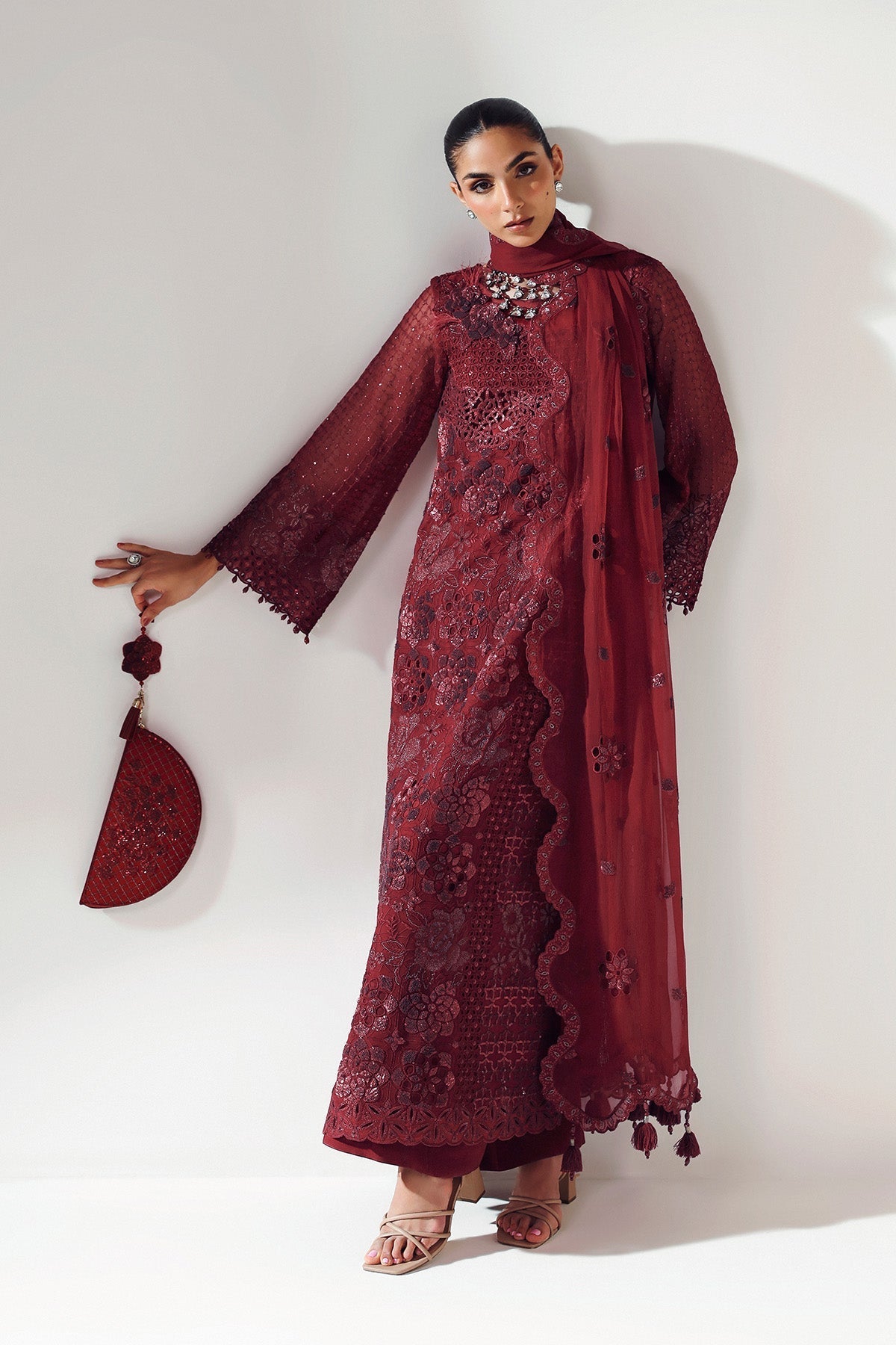 Alizeh | Aymal Luxury Bamber Chiffon | RIKA MAROON - Official Alizeh stockist in UK - Sakeena London