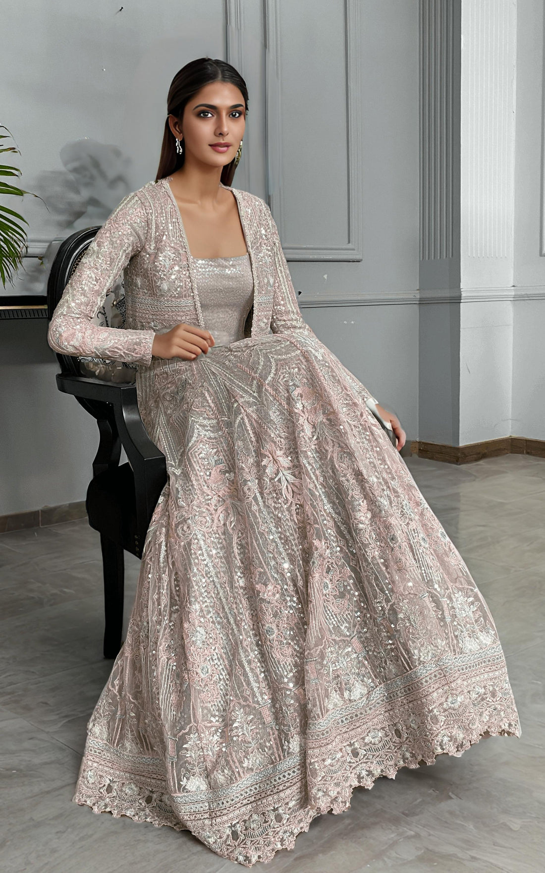 Threads and Motifs | Formal Dresses 25 | Net Embroidered Jacket With Lehenga - Official Threads and Motifs stockist in UK - Sakeena London