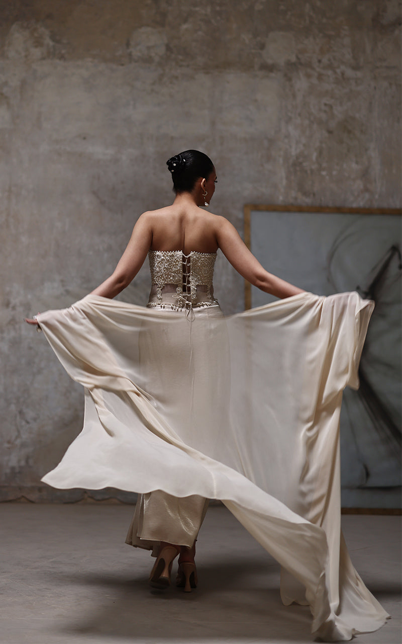 Threads and Motifs | Formal Dresses 25 | Net Embroidered Blouse With Chiffon Cape And Skirt - Official Threads and Motifs stockist in UK - Sakeena London