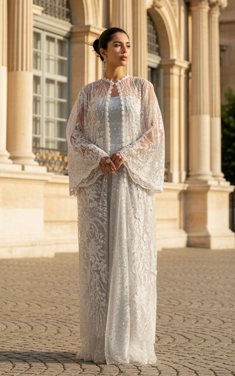 Threads and Motifs | Formal Dresses 25 | Net Embroidered Jacket With Skirt - Official Threads and Motifs stockist in UK - Sakeena London