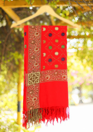 Wool Embroidered Shawl D - 15 - Red