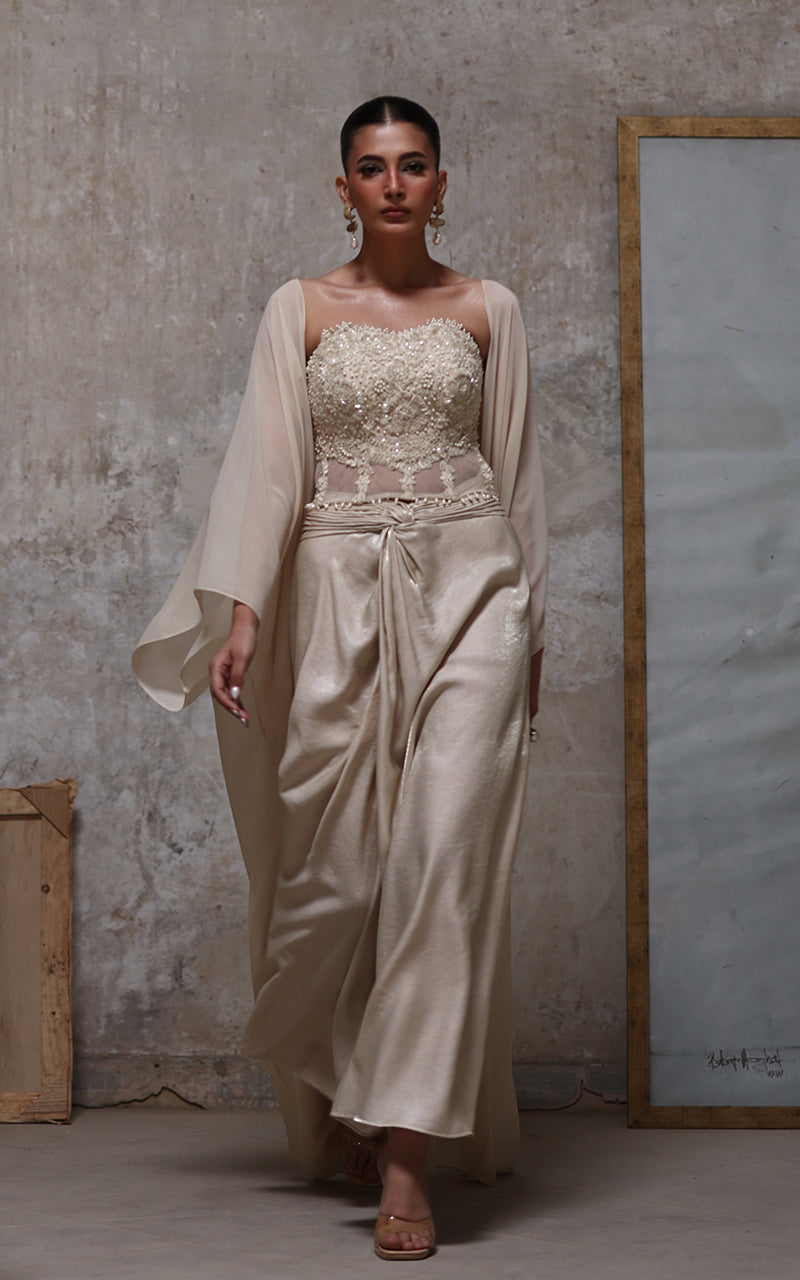 Threads and Motifs | Formal Dresses 25 | Net Embroidered Blouse With Chiffon Cape And Skirt - Official Threads and Motifs stockist in UK - Sakeena London