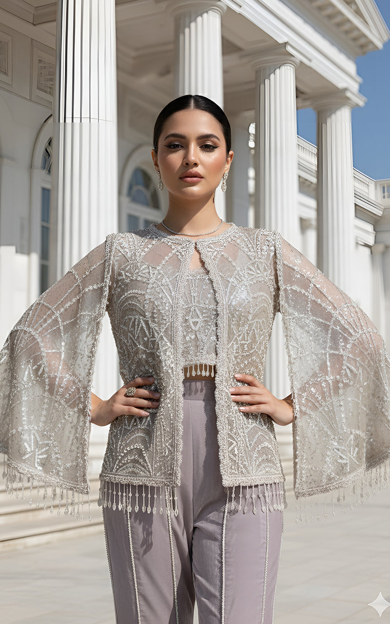 Threads and Motifs | Formal Dresses 25 | Net Embroidered Cape With Blouse - Official Threads and Motifs stockist in UK - Sakeena London