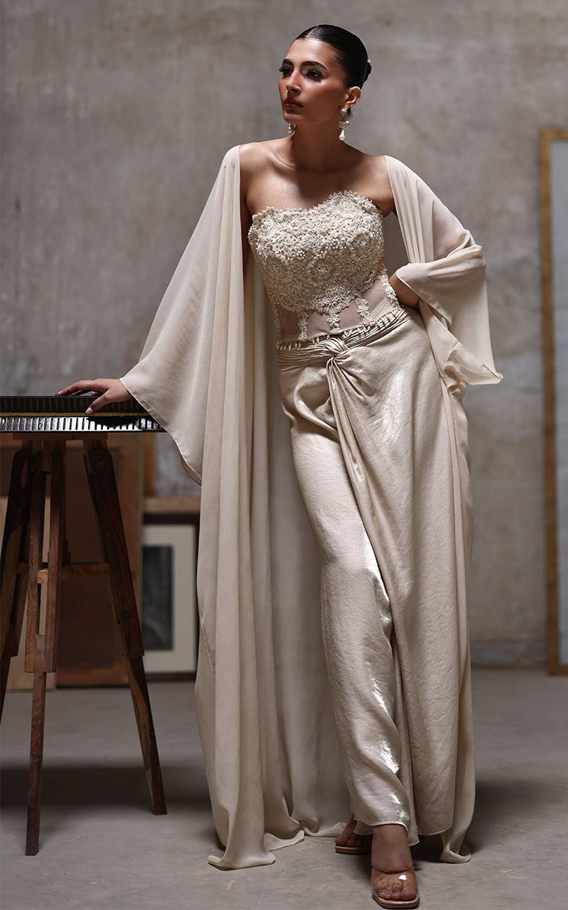 Threads and Motifs | Formal Dresses 25 | Net Embroidered Blouse With Chiffon Cape And Skirt - Official Threads and Motifs stockist in UK - Sakeena London