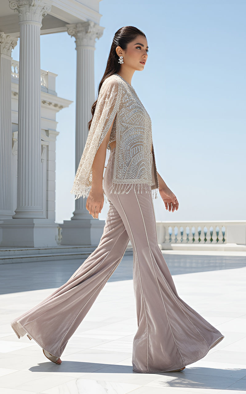 Threads and Motifs | Formal Dresses 25 | Net Embroidered Cape With Blouse - Official Threads and Motifs stockist in UK - Sakeena London