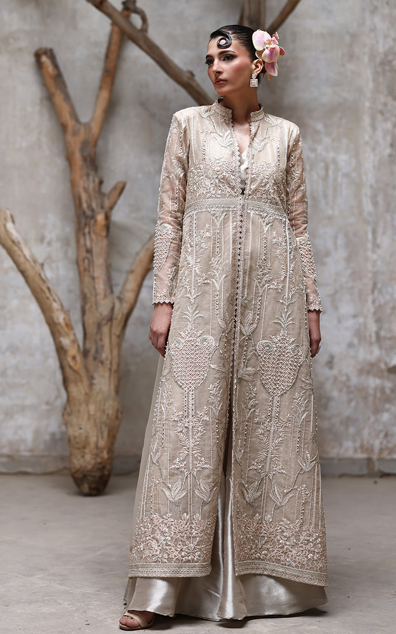 Threads and Motifs | Formal Dresses 25 | NET EMBROIDERED JACKET WITH GHARARA - Official Threads and Motifs stockist in UK - Sakeena London