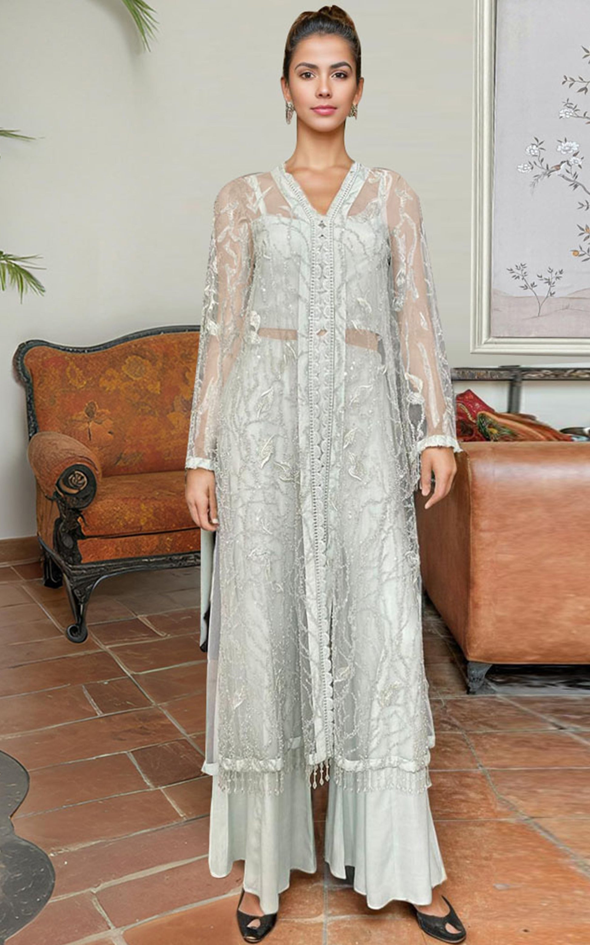 Threads and Motifs | Formal Dresses 25 | Net Embroidered Jacket With Trouser - Official Threads and Motifs stockist in UK - Sakeena London