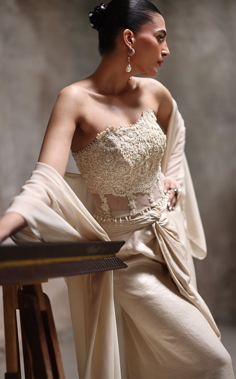 Threads and Motifs | Formal Dresses 25 | Net Embroidered Blouse With Chiffon Cape And Skirt - Official Threads and Motifs stockist in UK - Sakeena London