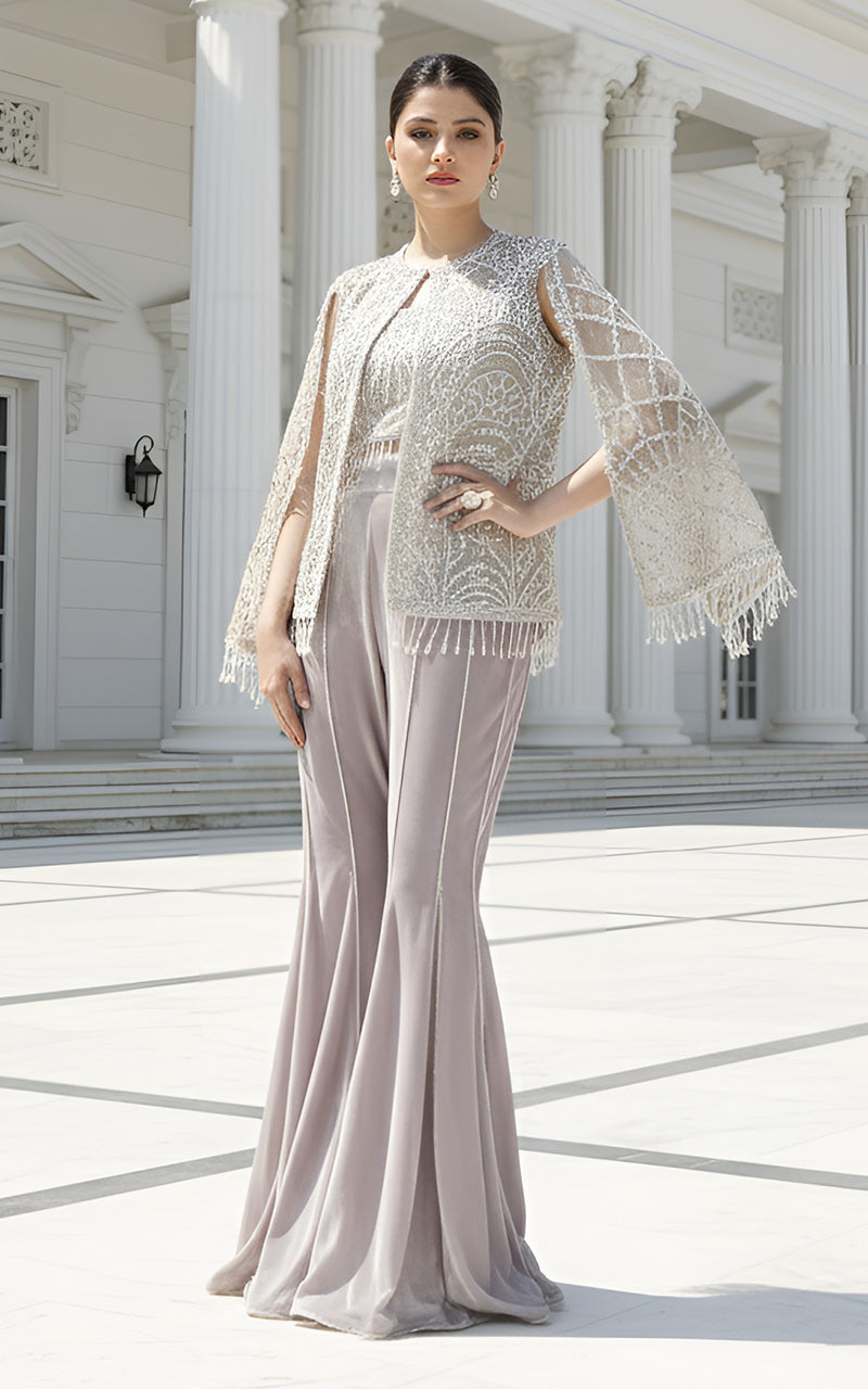Threads and Motifs | Formal Dresses 25 | Net Embroidered Cape With Blouse - Official Threads and Motifs stockist in UK - Sakeena London