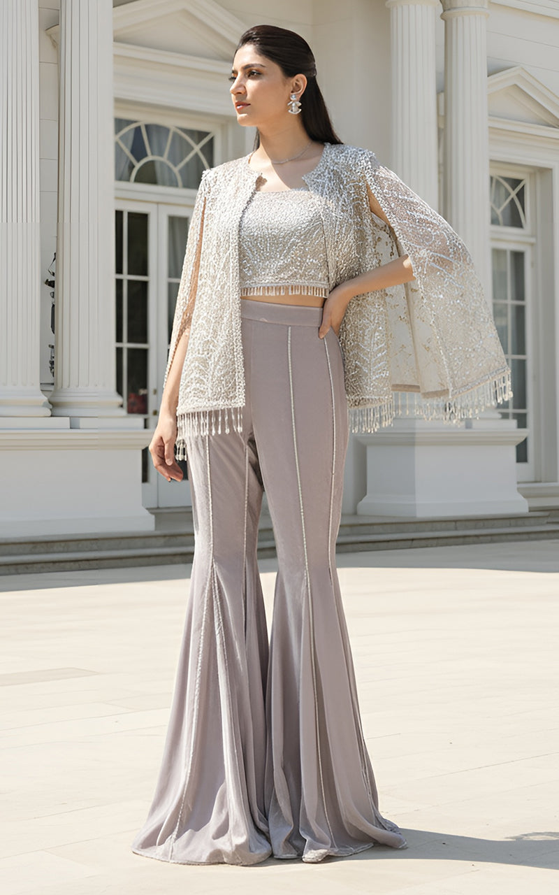Threads and Motifs | Formal Dresses 25 | Net Embroidered Cape With Blouse - Official Threads and Motifs stockist in UK - Sakeena London